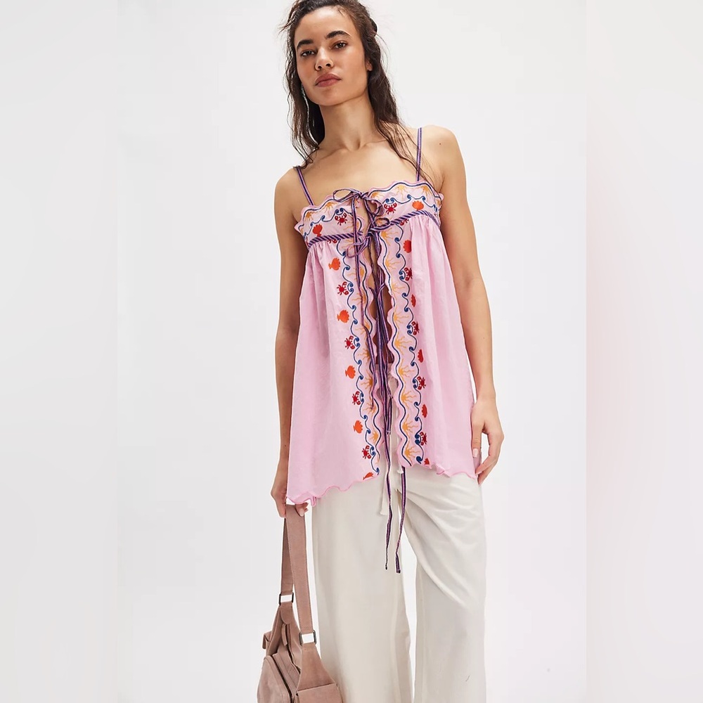 Free People Pink Embroidered Scallop-Trim Tank